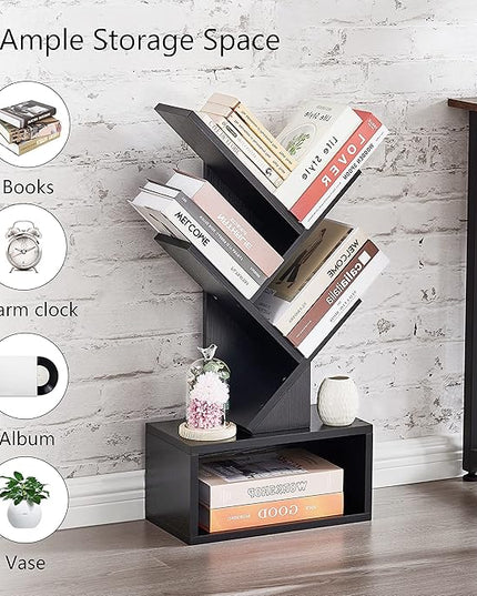 Hoctieon 3 Tier Tree Bookshelf, Small Bookcase with Drawer, Desktop Book Shelf, Display Floor Standing Storage Shelf, Book Organizer Shelves for Home Office, Black - LeafyLoom