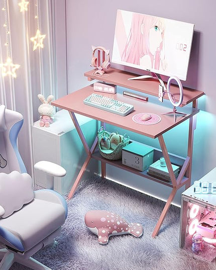 COTUBLR Small Desk, 27.5 Inch Small Computer Desk for Small Spaces, Computer Desk with Adjustable Monitor Stand, Compact Desk with Storage, Tiny Desk Study Desk for Bedroom Home Office, Pink - LeafyLoom