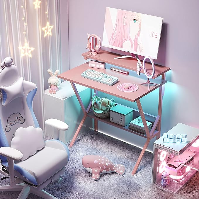 COTUBLR Small Desk, 27.5 Inch Small Computer Desk for Small Spaces, Computer Desk with Adjustable Monitor Stand, Compact Desk with Storage, Tiny Desk Study Desk for Bedroom Home Office, Pink - LeafyLoom