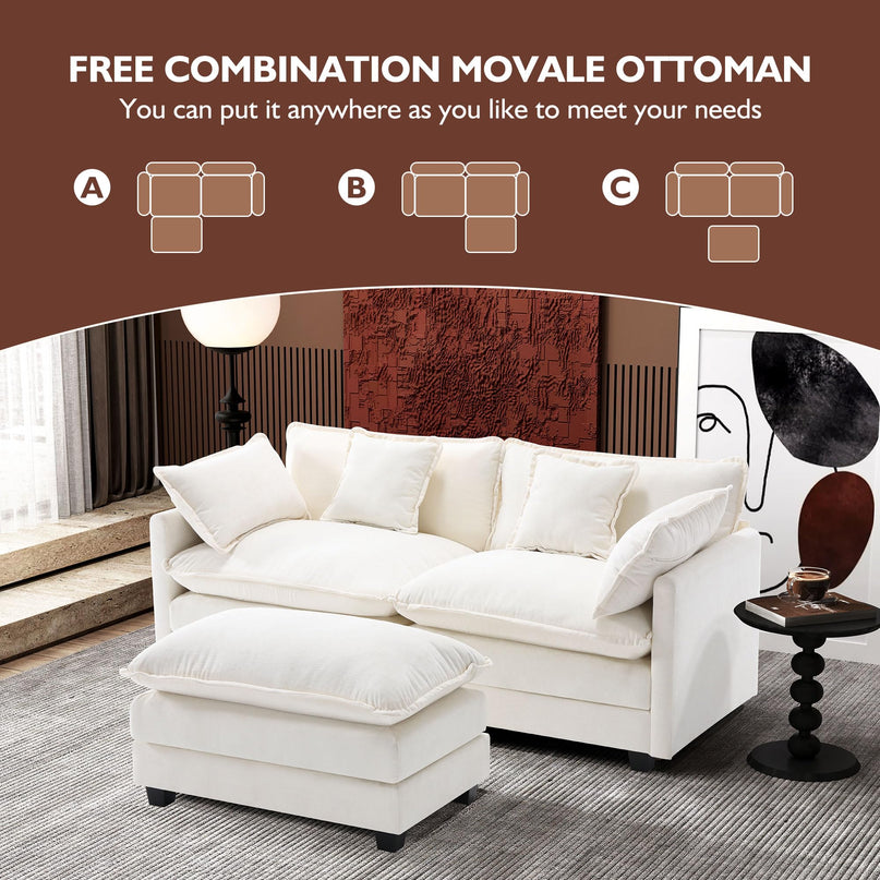 Ihanherry 111.4" L Shaped Modern Sofa Modular Sectional Cloud Couch with Ottoman, 4-Seat Chenille Deep Seat Sofa with Pillow for Living Room, Bedroom and Apartment, Beige LeafyLoom