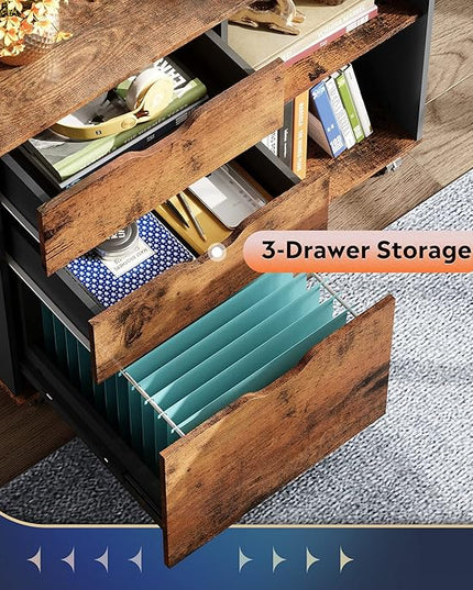 DEVAISE 3-Drawer Wood File Cabinet, Mobile Lateral Filing Cabinet, Printer Stand with Open Storage Shelves for Home Office, Rustic Brown - LeafyLoom