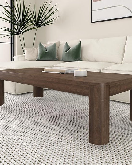 Plank+Beam Modern Rounded Coffee Table, 54 Inch, Solid Wood Contemporary Center Table for Living Room, Rectangle Tea Table, Walnut - LeafyLoom