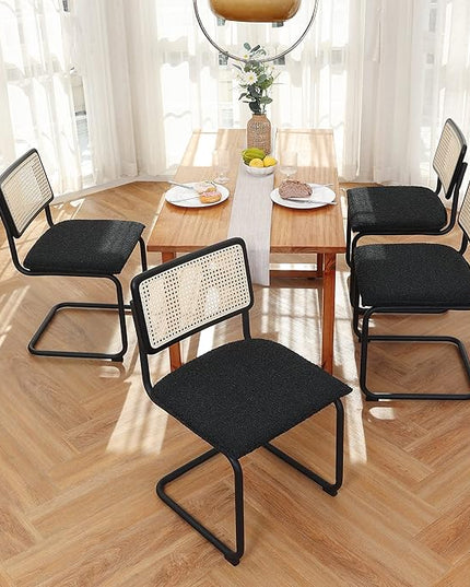 Zesthouse Rattan Dining Chairs Set of 4, Upholstered Boucle Kitchen Chairs, Mid Century Modern Breuer Designed Chairs, Armless Accent Chairs with Natural Cane Back & Stainless Chrome Base - LeafyLoom