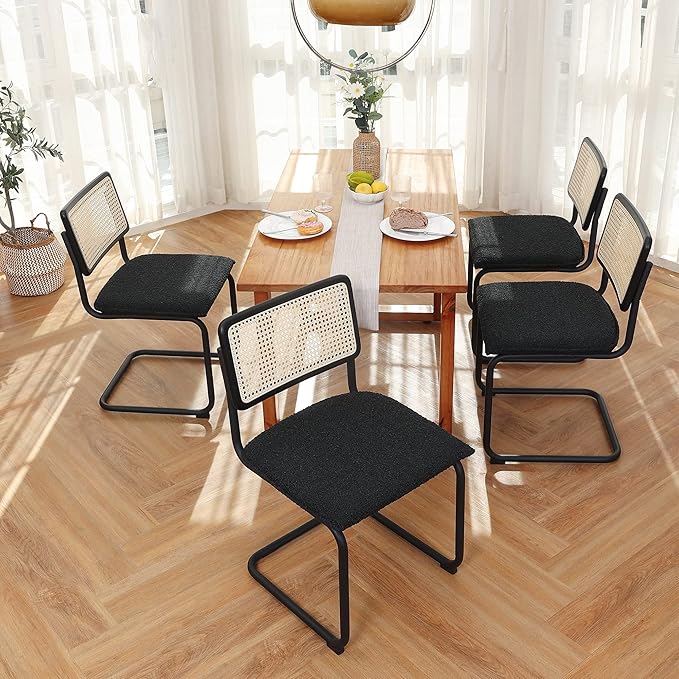 Zesthouse Rattan Dining Chairs Set of 4, Upholstered Boucle Kitchen Chairs, Mid Century Modern Breuer Designed Chairs, Armless Accent Chairs with Natural Cane Back & Stainless Chrome Base - LeafyLoom