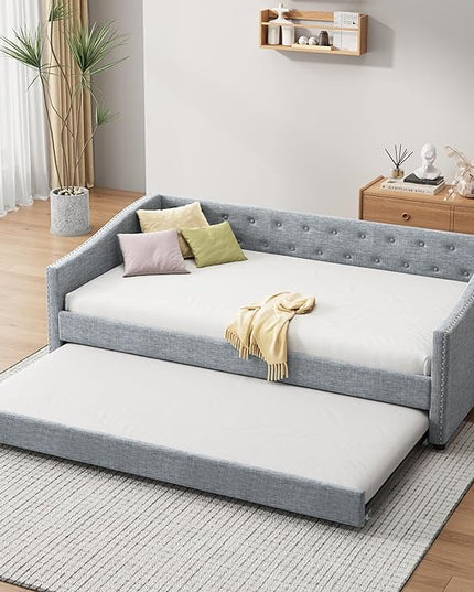 Twin Size Upholstered Daybed with Twin Size Trundle,Wood Sofa Bed Frame W/Button Tufted Back and Nailhead Decorated Waved Shape Arms,Slat Support,for Bedroom,Living Room,Apartment,Light Gray - LeafyLoom