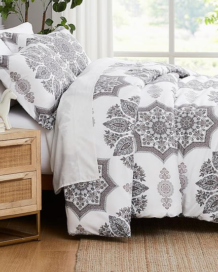 Southshore Fine Living, Inc. Oversized Full/Queen Comforter Bedding Set, Down Alternative Boho Bedspread, Paisley Floral Print Comforter, Full Size/Queen with 2 Matching Shams, Grey on White - LeafyLoom