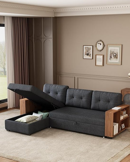 84" Pull, L Shaped Couch with Wooden Storage Handrail,Convertible Sectional Sleeper Sofa W/Chaise and 3 Back Cushions for Living Room,Apartment,Office,Dark Grey - LeafyLoom