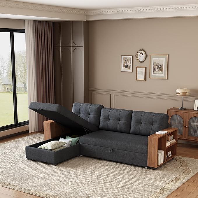 84" Pull, L Shaped Couch with Wooden Storage Handrail,Convertible Sectional Sleeper Sofa W/Chaise and 3 Back Cushions for Living Room,Apartment,Office,Dark Grey - LeafyLoom