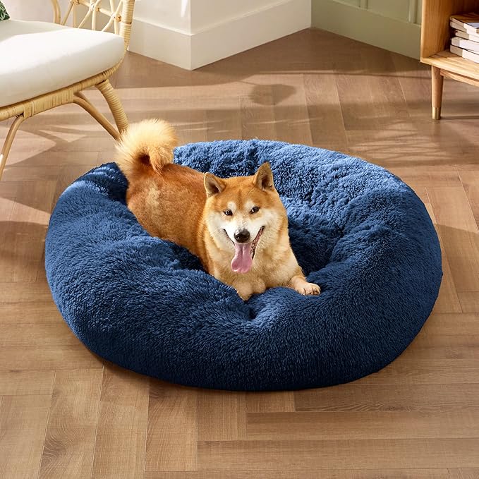 Bedsure Calming Dog Bed for Medium Dogs - Donut Washable Medium Pet Bed, 30 inches Anti-Slip Round Fluffy Plush Faux Fur Cat Bed, Fits up to 45 lbs Pets, Navy BEDSURE