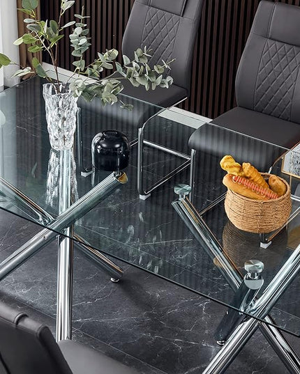 NicBex Large Modern Minimalist Rectangular Glass Dining Table for 6-8 with 0.39" Tempered Glass Tabletop and Silver Chrome Metal Legs for Kitchen Dining Living Meeting Room Banquet Hall, Transparent - LeafyLoom