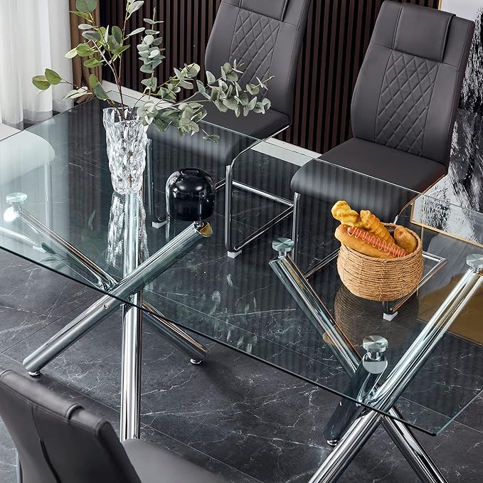 NicBex Large Modern Minimalist Rectangular Glass Dining Table for 6-8 with 0.39" Tempered Glass Tabletop and Silver Chrome Metal Legs for Kitchen Dining Living Meeting Room Banquet Hall, Transparent - LeafyLoom
