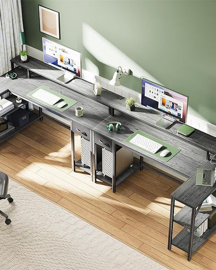 SUPERJARE 53 inch Reversible L Shaped Desk with LED Lights & Power Outlets, Computer Desk with Shelves & Monitor Stand, Gaming Desk with Drawer, Home Office Desk Corner Desk, Grey - LeafyLoom