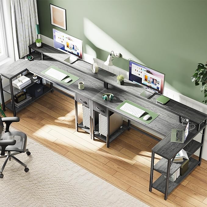 SUPERJARE 53 inch Reversible L Shaped Desk with LED Lights & Power Outlets, Computer Desk with Shelves & Monitor Stand, Gaming Desk with Drawer, Home Office Desk Corner Desk, Grey - LeafyLoom