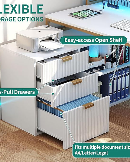 DWVO L Shaped Desk with File Cabinet & Power Outlets, 55" Computer Desk with Drawers, Corner Desk Office Desk with LED Light, White & Gold - LeafyLoom