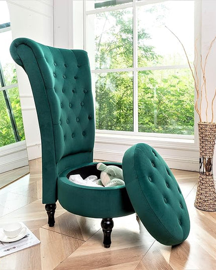 Royal High-Back Velvet Accent Chair for Vanity with Storage and Luxurious Upholstery, Retro Design and Versatile Usage for Living Room, Bedroom, Lounge and Office, Green - LeafyLoom