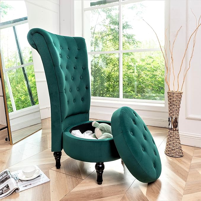 Royal High-Back Velvet Accent Chair for Vanity with Storage and Luxurious Upholstery, Retro Design and Versatile Usage for Living Room, Bedroom, Lounge and Office, Green - LeafyLoom