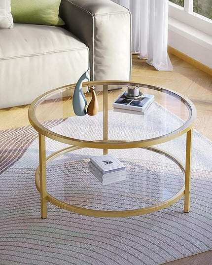 SAYGOER Round Glass Coffee Table 2 Tier Coffee Tables with Storage Shelf for Large or Small Space Modern Simple Center Table with Gold Frame for Living Room Home Office, Easy Assembly… - LeafyLoom