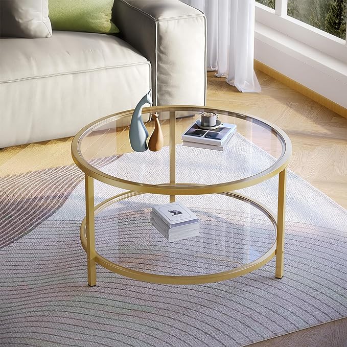 SAYGOER Round Glass Coffee Table 2 Tier Coffee Tables with Storage Shelf for Large or Small Space Modern Simple Center Table with Gold Frame for Living Room Home Office, Easy Assembly… - LeafyLoom