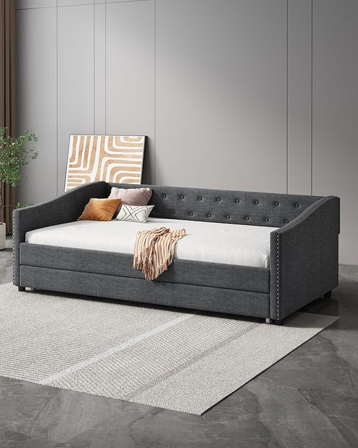 Twin Size Daybed with Trundle, Linen Upholstered Tufted Sofa Day Bed Frame with Button, Waved Shape Arms & Nailhead, Wooden Slats Support for Apartment,Bedroom, Dark Grey-1 - LeafyLoom