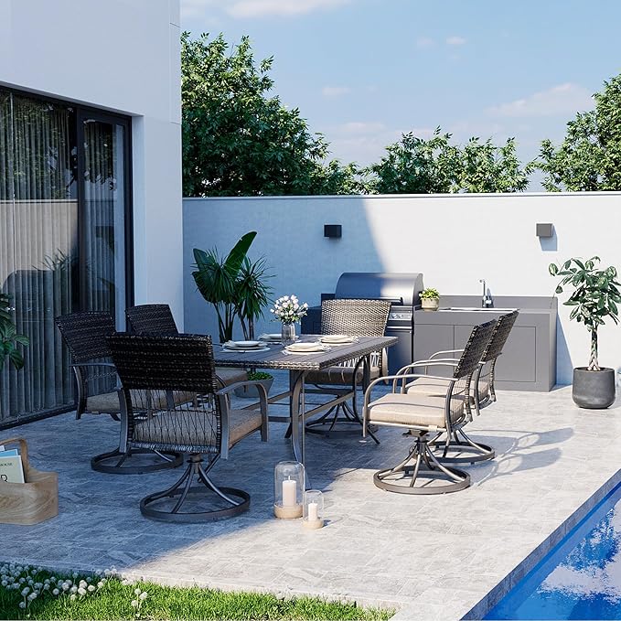 Pamapic 7 Piece Patio Dining Set for 6,Outdoor Wicker Furniture Set for Backyard Garden Deck Poolside with 6 Cushions Swivel Rocker Chairs,Iron Slats Table Top, Removable Cushions(Beige) - LeafyLoom