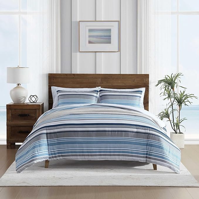 Nautica - Queen Comforter Set, Luxuriously Soft Seersucker Textured Bedding with Matching Shams, Wrinkle-Free Striped Home Decor (Bradlee Blue, Queen) - LeafyLoom