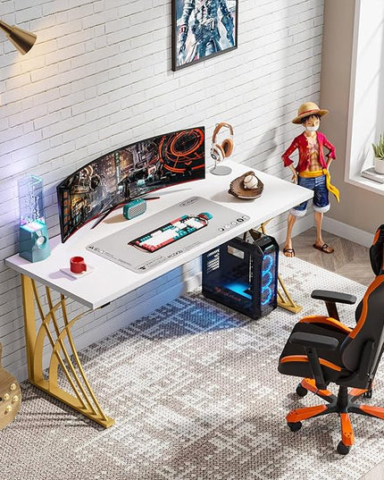 55’’ Large Modern Computer Desk, White & Gold Luxury Laptop PC Student Table, Makeup Vanity Table with Thick Frame & Strong Legs, Sturdy Writing Workstation for Home & Office - LeafyLoom