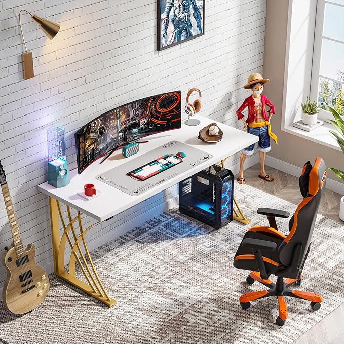 55’’ Large Modern Computer Desk, White & Gold Luxury Laptop PC Student Table, Makeup Vanity Table with Thick Frame & Strong Legs, Sturdy Writing Workstation for Home & Office - LeafyLoom