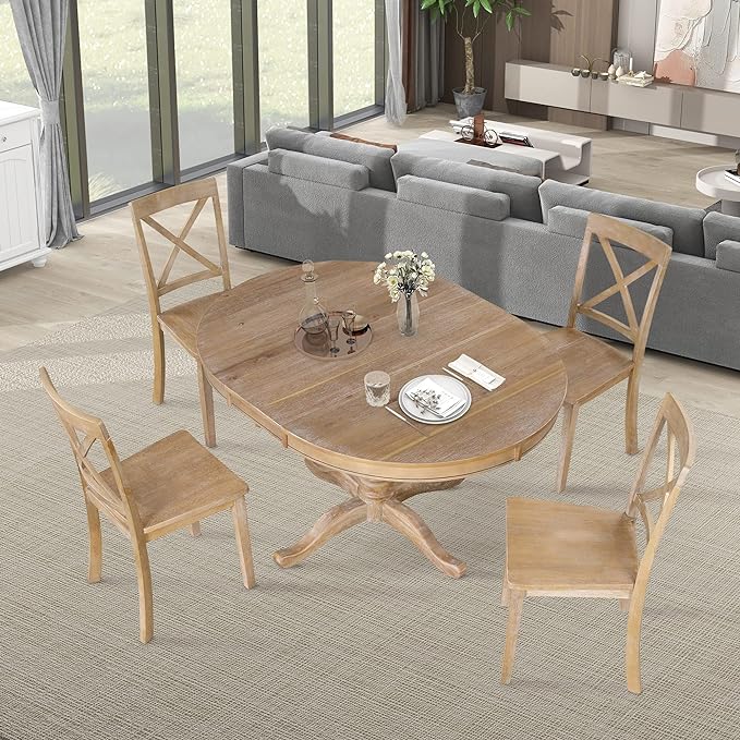NicBex Round Dining Table Set for 4 Kitchen & Dining Room Tables Modern Dining Table Set for 4, Round Table and 4 Kitchen Room Chairs for Dining Room, Dinette, Breakfast Nook, Natural Wood Wash - LeafyLoom