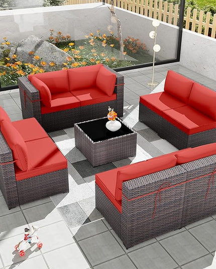 Patio Furniture Set 9-Pieces Outdoor Furniture for Backyard Wicker Sectional Sofa Set, Rattan Patio Conversation Set with Thickened Cushions and Glass Coffee Table, Red - LeafyLoom