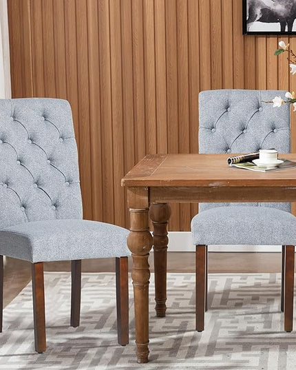 COLAMY Button Tufted Dining Chairs Set of 6, Parsons Upholstered Fabric Dining Room Chairs Kitchen Chairs with Wood Legs and Padded Seat, Blue Fishbone - LeafyLoom