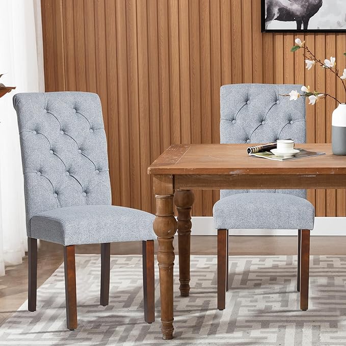 COLAMY Button Tufted Dining Chairs Set of 6, Parsons Upholstered Fabric Dining Room Chairs Kitchen Chairs with Wood Legs and Padded Seat, Blue Fishbone - LeafyLoom