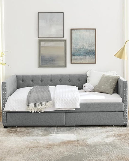 RITSU Twin Size Upholstered Daybed, Pull Out with Two Storage Drawers, Solid Wood Frame Sofa Bed, Tufted Buttons and Copper Nails On Square Arms, for Bedrooms, Apartments, 82.75, Grey-1 - LeafyLoom