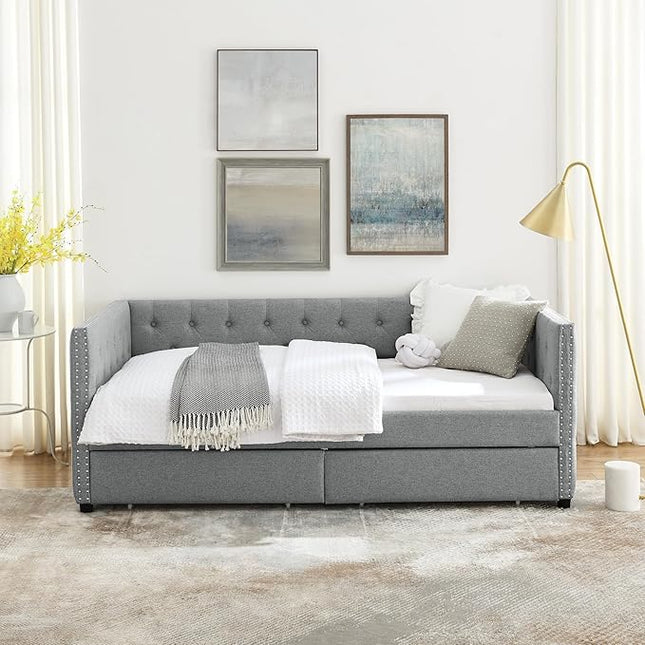 RITSU Twin Size Upholstered Daybed, Pull Out with Two Storage Drawers, Solid Wood Frame Sofa Bed, Tufted Buttons and Copper Nails On Square Arms, for Bedrooms, Apartments, 82.75, Grey-1 - LeafyLoom
