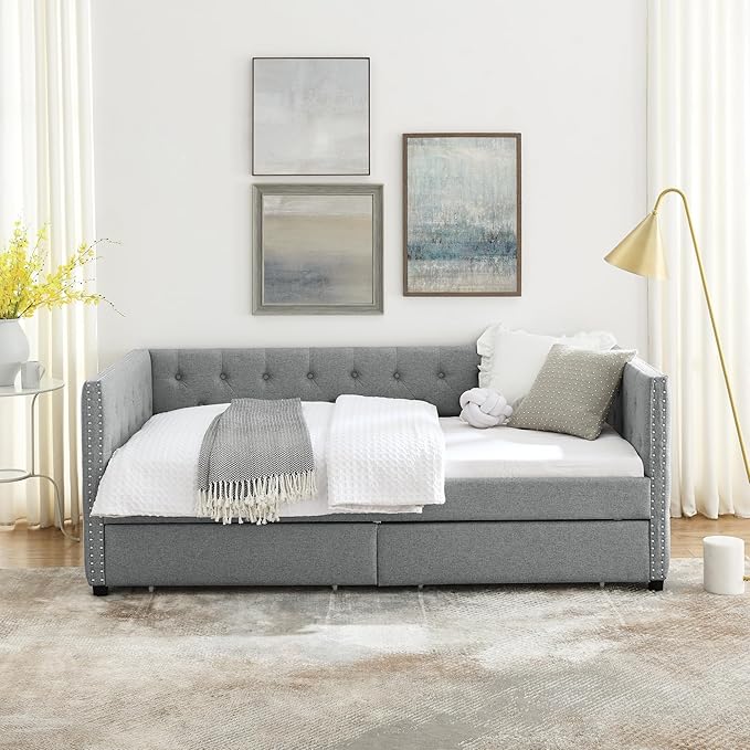 RITSU Twin Size Upholstered Daybed, Pull Out with Two Storage Drawers, Solid Wood Frame Sofa Bed, Tufted Buttons and Copper Nails On Square Arms, for Bedrooms, Apartments, 82.75, Grey-1 - LeafyLoom