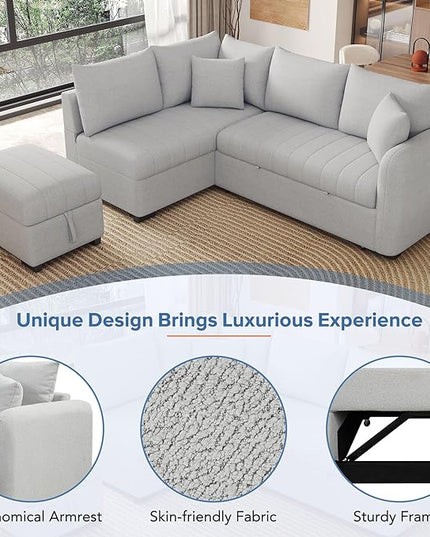 82" L-shaped Sectional Sleeper Sofa with Chaise,Pull Out Bed for Living Room Furniture Sets, 2 USB Ports, Power Sockets and Movable Storage Ottoman, Gray Upholstery - LeafyLoom