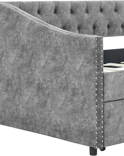 Twin Size Upholstered Daybed with Two Storage Trundle Drawers, Wooden Sofa Bed w/Button Tufted Backrest and Waved Shape Arms, No Box Spring Needed, for Living Room, Bedroom, Dorm, Grey - LeafyLoom