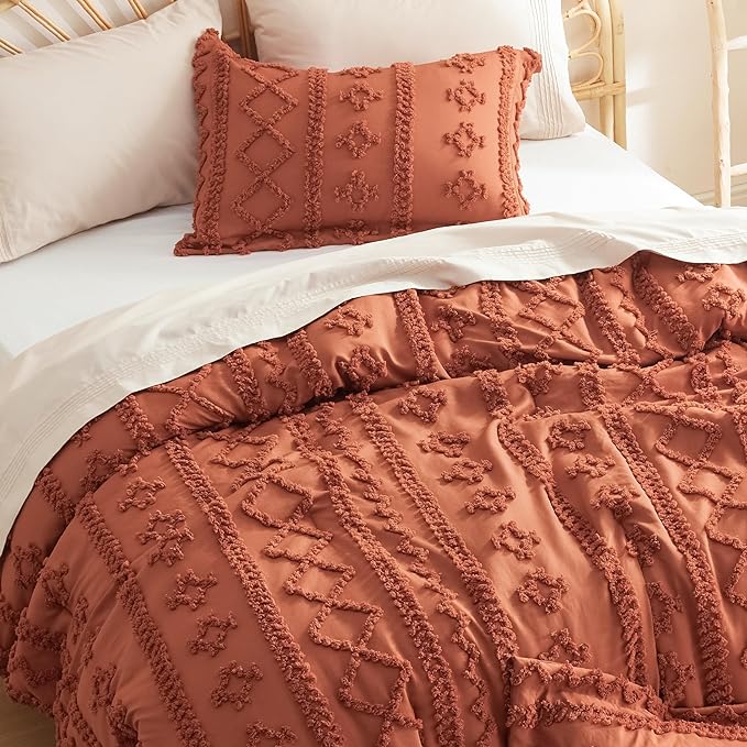 Bedsure Tufted Boho Comforter Set Queen - Terracotta Boho Bedding Comforter Set, 3 Pieces Farmhouse Shabby Chic Embroidery Bed Set, Soft Jacquard Comforter for Women Men Girls - LeafyLoom
