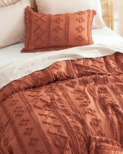 Bedsure Tufted Boho Comforter Set King - Terracotta Boho Bedding Comforter Set, 3 Pieces Farmhouse Shabby Chic Embroidery Bed Set, Soft Jacquard Comforter for Women Men Girls - LeafyLoom
