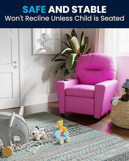 Flash Furniture Chandler Vinyl Kids Recliner with Cup Holder and Safety Recline, Contemporary Reclining Chair for Kids, Supports up to 90 lbs., Hot Pink - LeafyLoom