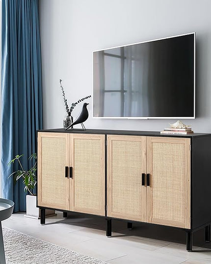 Finnhomy 4 Door Sideboard Buffet Cabinet, Kitchen Storage Cabinet with Rattan Decorated Doors, Cupboard Console Table, Boho Accent Liquor Cabinet, Bar Cabient, 62.3X 15.7X 34.6 Inches, Black - LeafyLoom