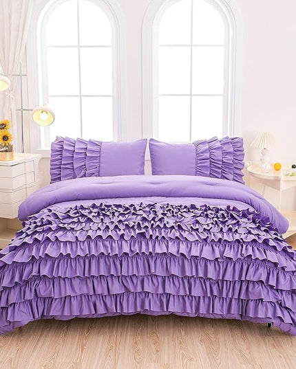 Girls Comforter Set Queen, Lavender Ruffle Bedding Set Queen, Purple Comforter Sets for Queen Size Bed with Sheets, Girls Queen Bedroom Comforter Set - LeafyLoom