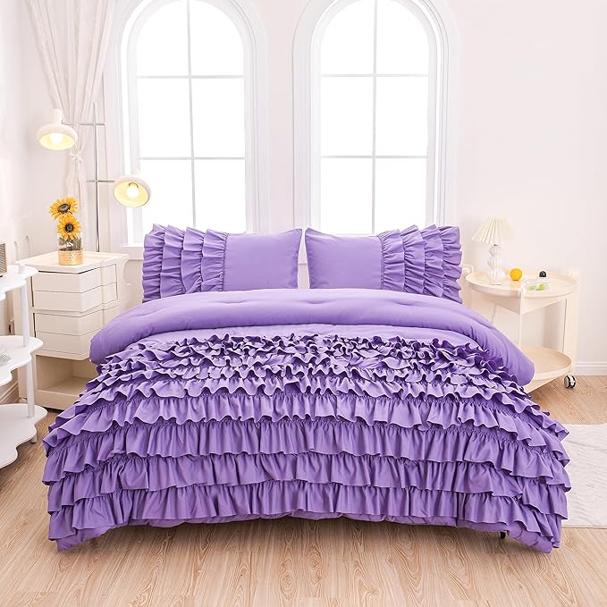 Purple Comforter Set Full Size, Light Purple Boho Ruffle Bedding Set, 3Pcs Kids Girls Full Size Bedding Sets for All Season - LeafyLoom