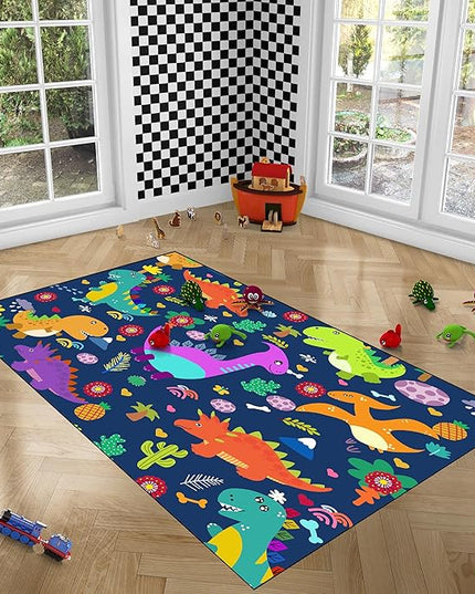 Dinosaur Rugs for Boys Bedroom Dinosaur Play Rug Kids Room Rug Dinosaur Area Rug Cartoon Dinosaur Carpet Cute Dinosaur Mat Dinosaur Rug for Living Room Bedroom Playroom, Blue 3'×5' - LeafyLoom