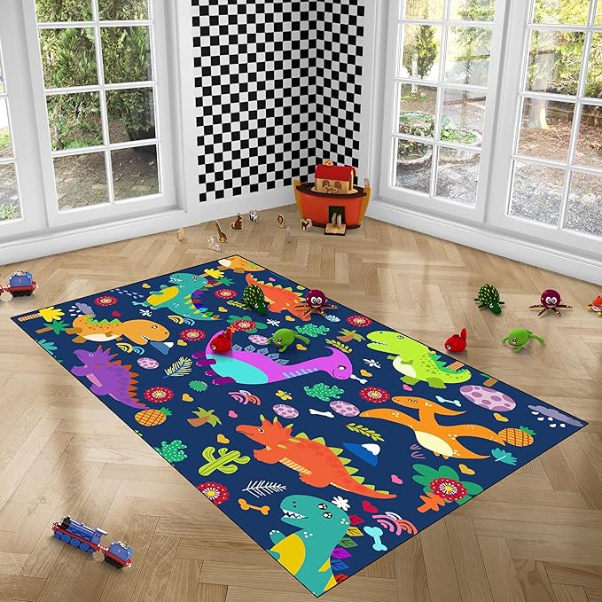 Dinosaur Rugs for Boys Bedroom Dinosaur Play Rug Kids Room Rug Dinosaur Area Rug Cartoon Dinosaur Carpet Cute Dinosaur Mat Dinosaur Rug for Living Room Bedroom Playroom, Blue 3'×5' - LeafyLoom
