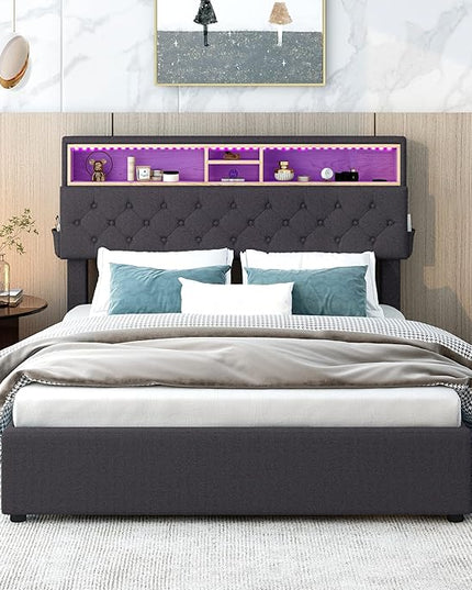 Full Size Bed Frame with LED Headboard, USB Charging, Upholstered Platform Bed with Storage Drawers and Headboard, No Box Spring Needed, Dark Gray - LeafyLoom