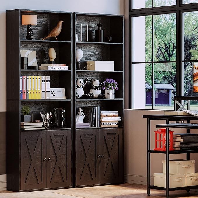 IRONCK Industrial Bookshelves and Bookcases with Doors Floor Standing 6 Shelf Display Storage Shelves 70 in Tall Bookcase for Home Office, Living Room - LeafyLoom