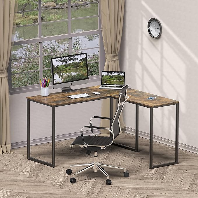 SHW 48-Inch Mission L-Shaped Home Computer Desk, Rustic Brown - LeafyLoom