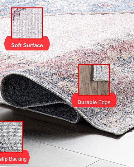 nuLOOM Olga Machine Washable Distressed Vintage Medallion Ultra Thin Area Rug, 8' x 10', Blue - LeafyLoom