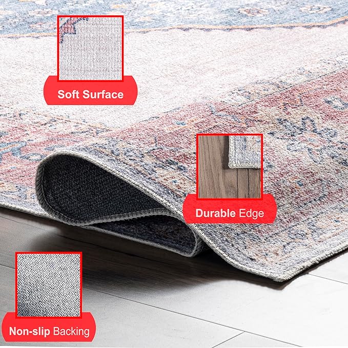 nuLOOM Olga Machine Washable Distressed Vintage Medallion Ultra Thin Area Rug, 8' x 10', Blue - LeafyLoom