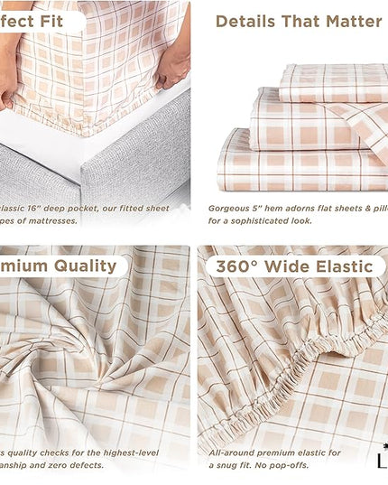 Linen Home Cotton Lyocell Blend Percale Printed Sheet Set, Pre-Washed & Shrunk, Cooling Bed Sheets, King Size, 4 Pieces - 1 Flat, 1 Deep Pocket Fitted Sheet, 2 Pillowcases, Checks Yellow - LeafyLoom